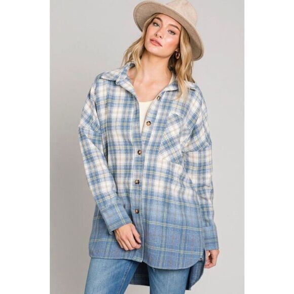 NEW Heyson Flannel shasket size 2XL Button Down Shirt Long Cream Blue - Picture 1 of 10